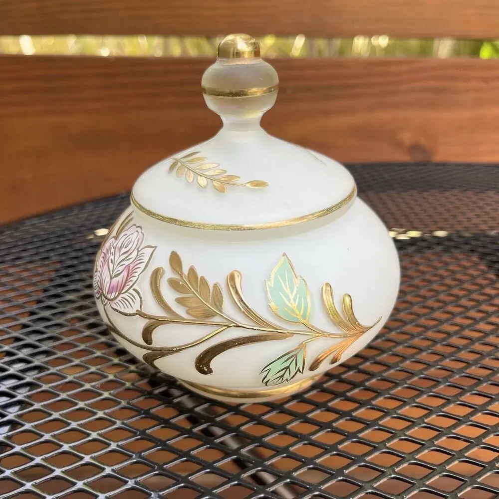 Vintage French Country Rose Jewelry Covered Trinket Dish Frosted Glass Goldleaf